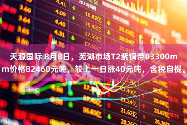 天源国际 8月8日，芜湖市场T2紫铜带03300mm价格82460元吨，较上一日涨40元吨，含税自提。